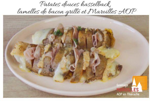 paptes douces hasselback, lamelles de bacon grillé et Maroilles AOP